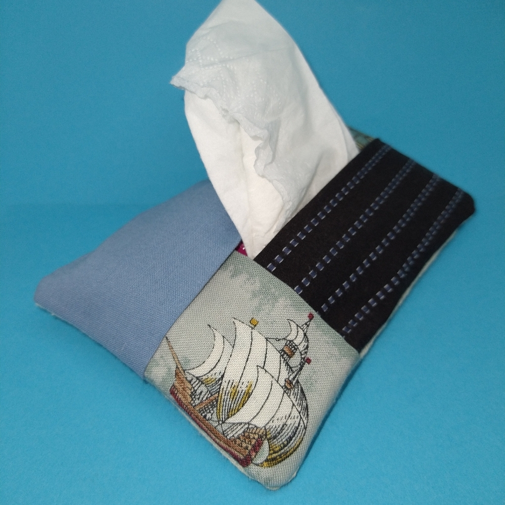 🧵 Facial Tissue Pocket Pack Holder Handmade Cover patchwork sailing ship - Picture 2 of 4
